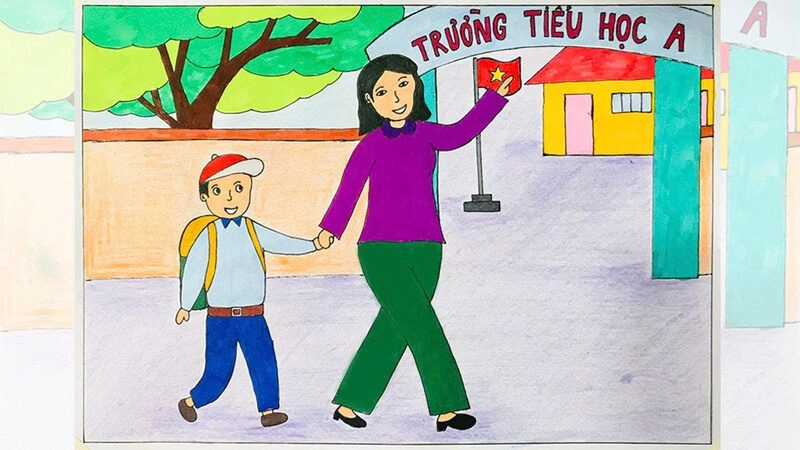 Hình ảnh chibi cô dắt bé đến trường